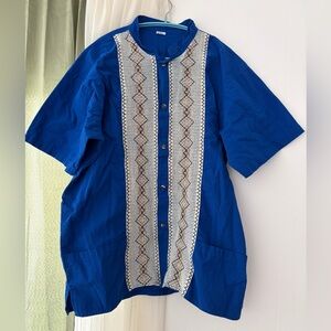 Guayabera Shirt Mens XXL Blue Crochet Embroidered Cotton Relaxed Vacation Camp